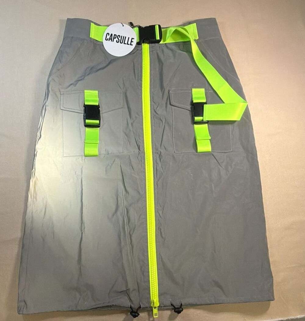 Capsulle Reflective Midi Skirt Size L Gray Neon Yellow Cargo
